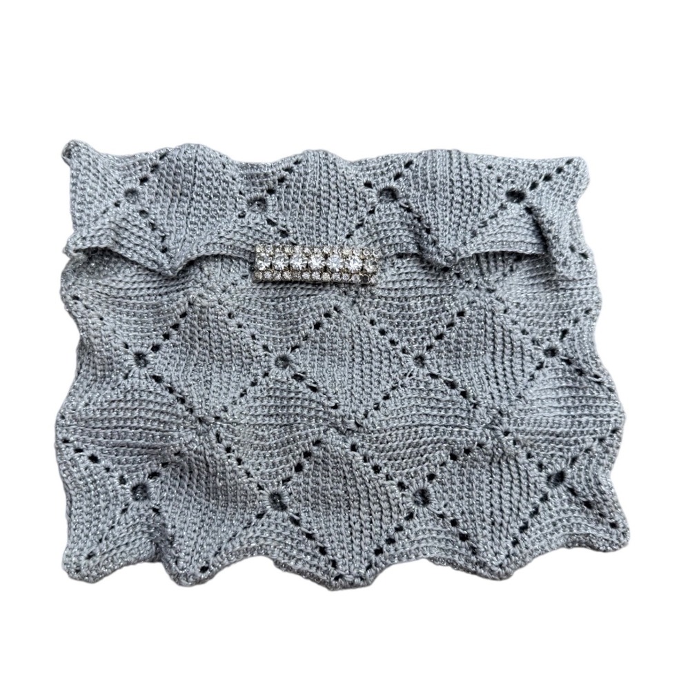 Vintage Silver Metallic Knit Envelope Clutch Bag Rhinestone Accent Evening Purse